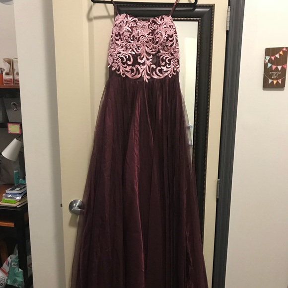 Plum Colored PROM DRESS w/ Pink Embroidery - Picture 2 of 6